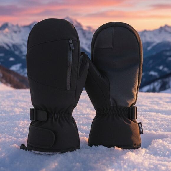 New Men’s Ski Mittens Size Large – Black Zipper Heat Pocket Insulated Warm - Picture 3 of 5